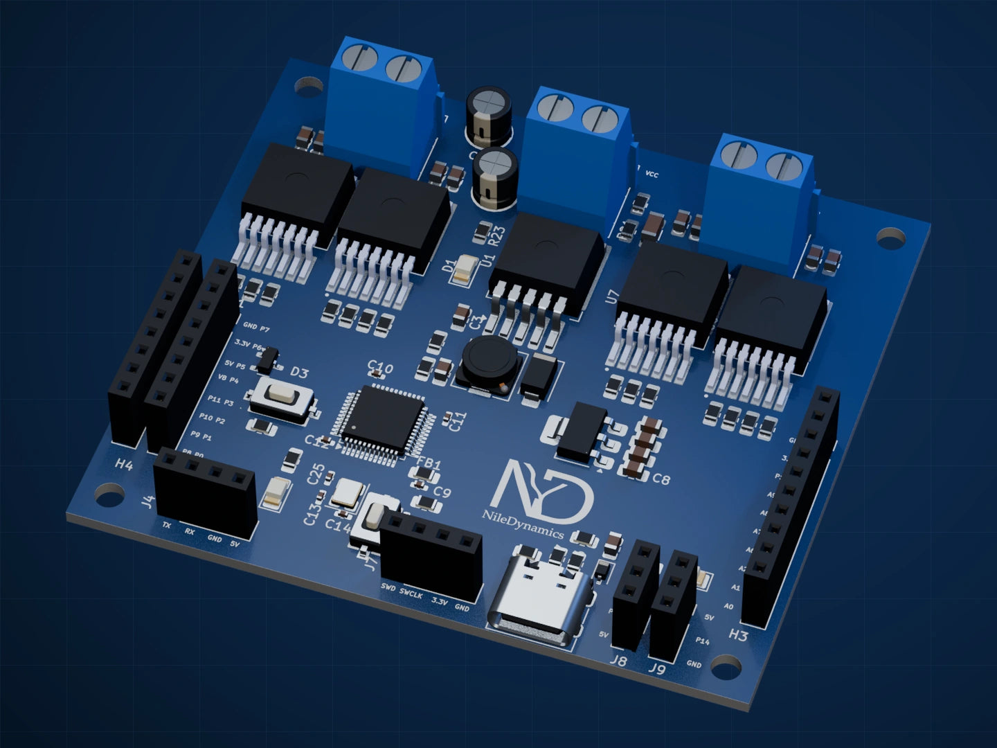 Angled view of the complete Aspire Board, including STM32, motor drivers, screw terminals, and expansion headers