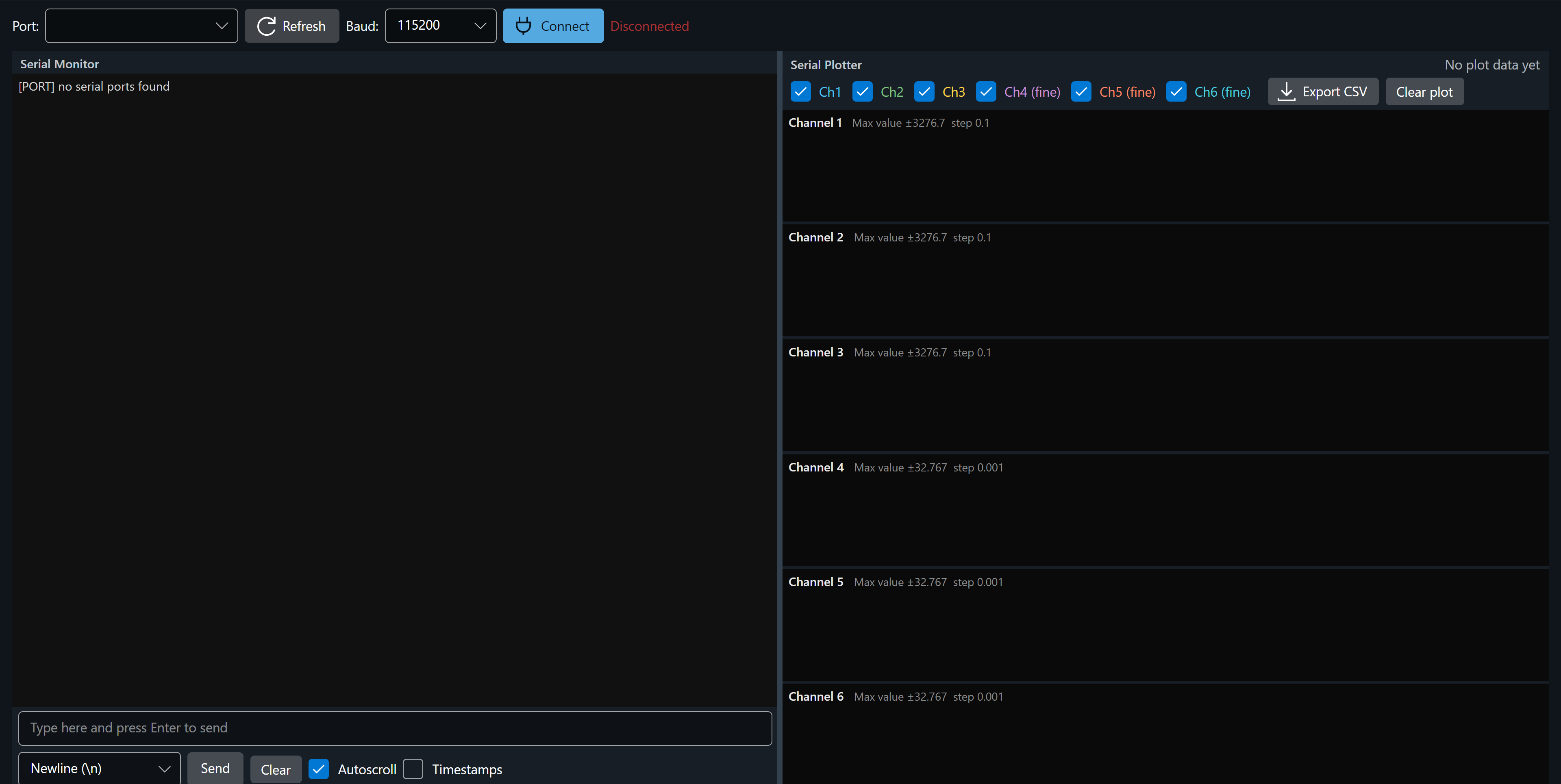 Aspire Studio Data Logger window showing the serial monitor and six plot channels in a disconnected state